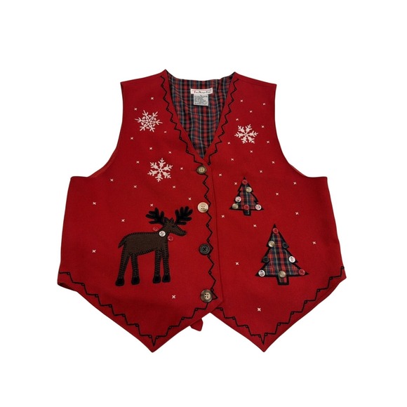 Talbots Christmas Women's Red Wool Buttons Applique Vest Size M Tartan Plaid - Picture 5 of 8